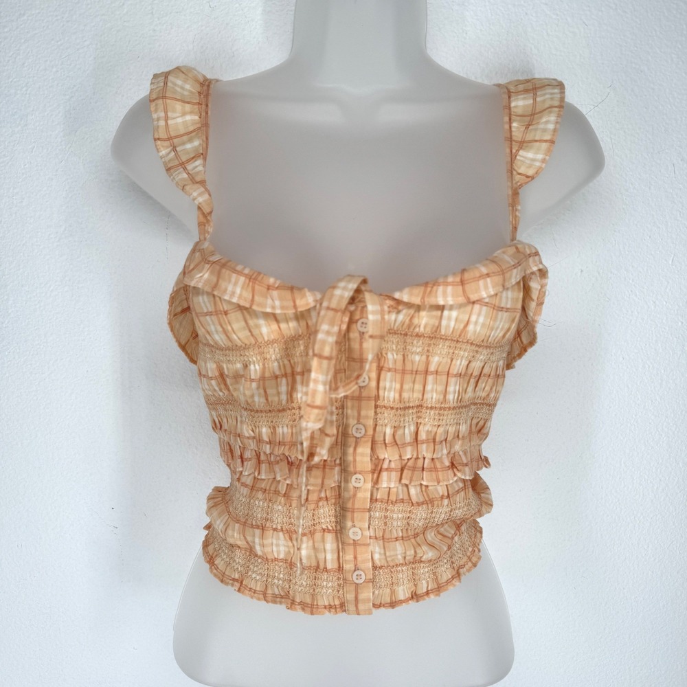 American Eagle Orange‎ Plaid Milkmaid Smocked Ruffle Tie Front Crop Top Small